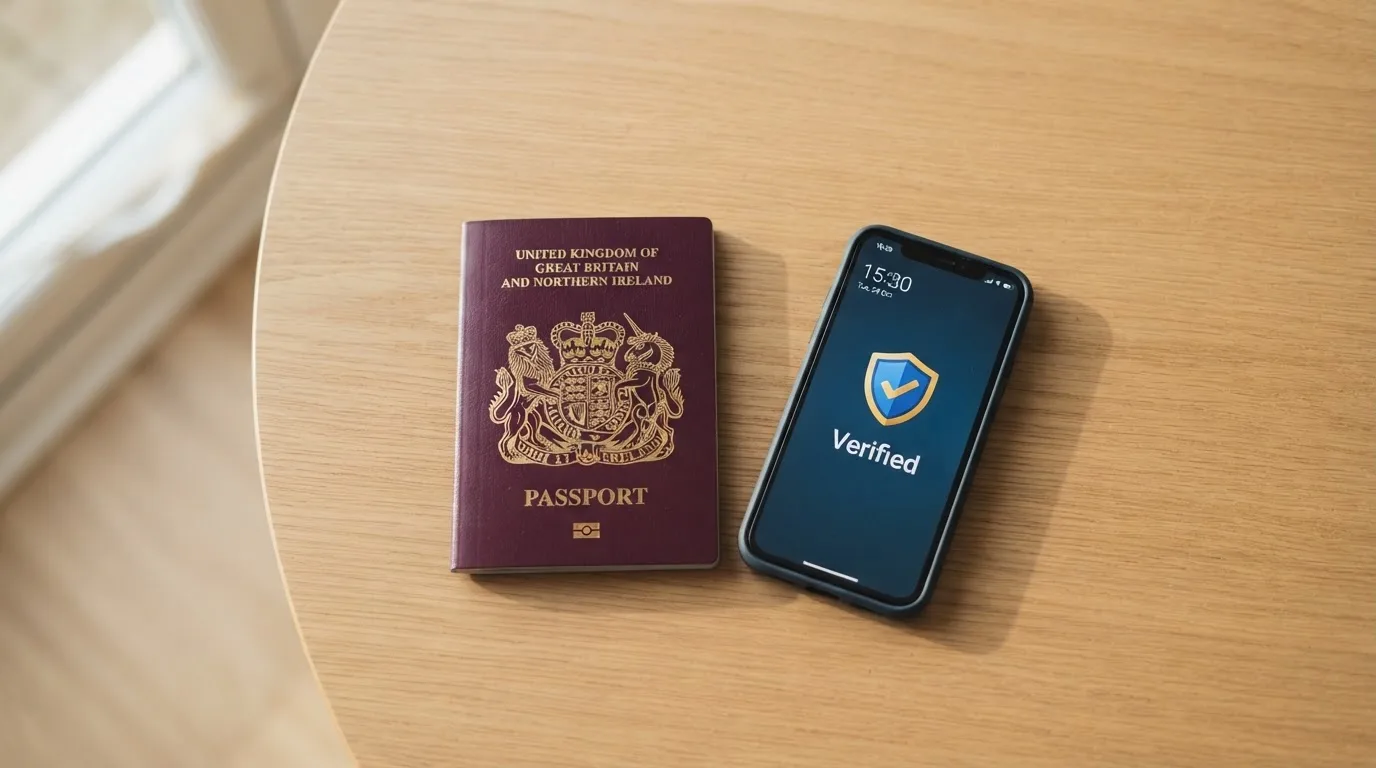 A UK passport and a smartphone showing an identity-verification screen on a table.